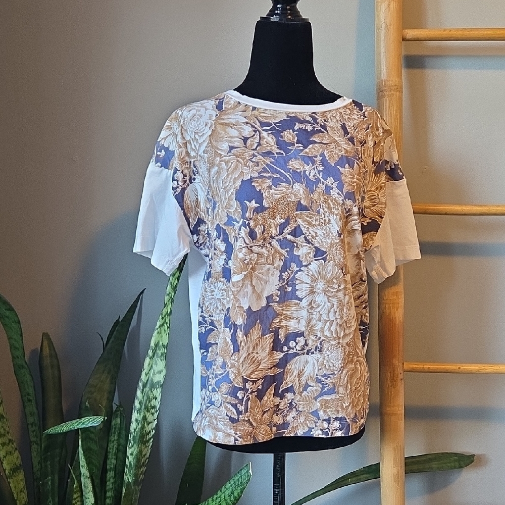 MaxMara Blue and Cream Floral Short Sleeve Top